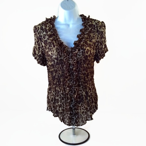 Sunny Leigh Tops - Sunny Leigh V-Neck Leopard Print Ruffle Womens Top